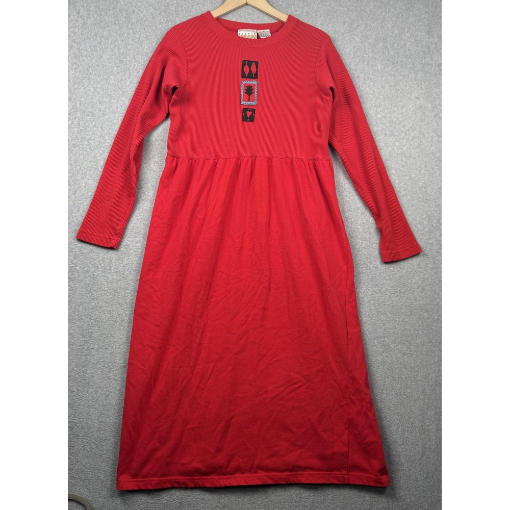 Vintage Sigrid Olsen Maxi Dress Womens PL Red Thermal Embroidered Cottagecore